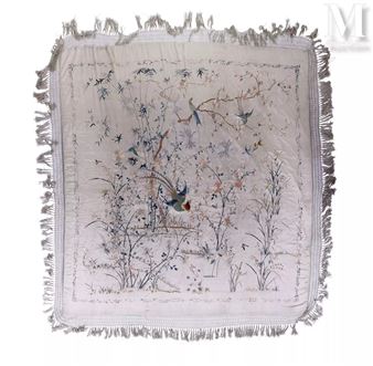 Importante soierie à décor polychrome de volatiles, fleurs, branches d'arbres et papillons - Chinese School, 19th Century