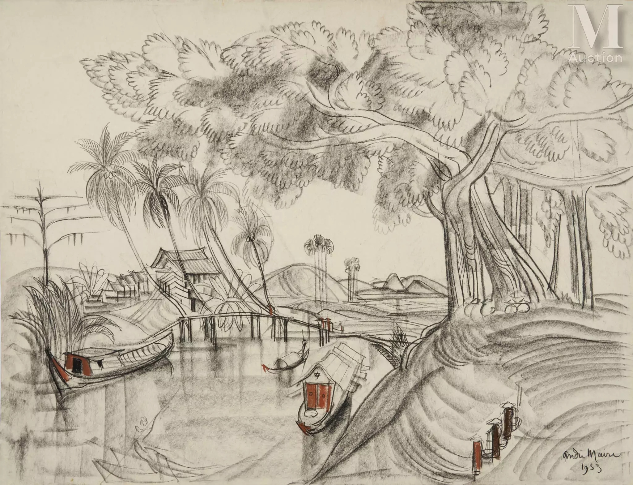 Artwork by André Maire, Le village des pêcheurs, Made of Charcoal and sanguine on paper