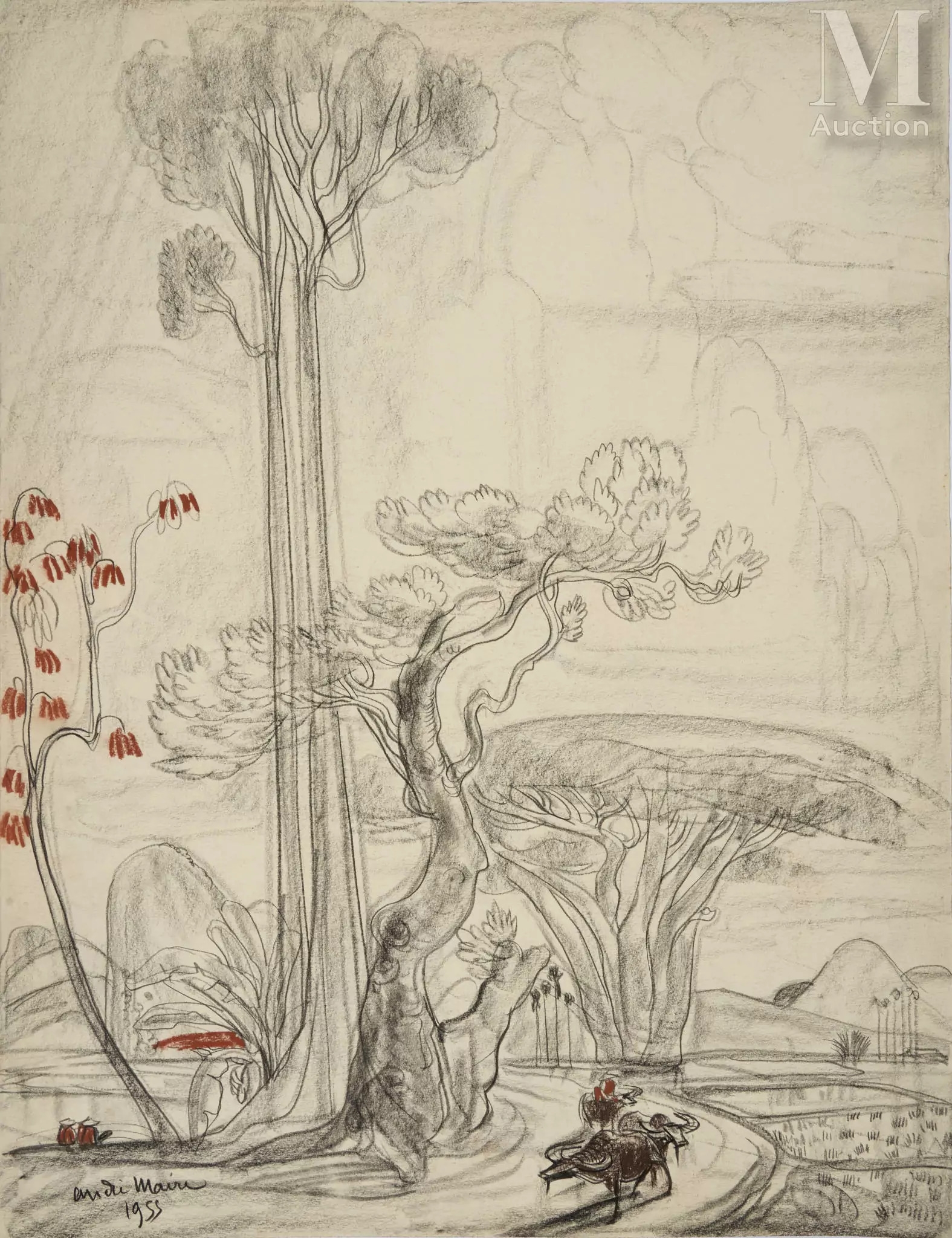 Artwork by André Maire, Retour des champs, Made of Charcoal and sanguine on paper