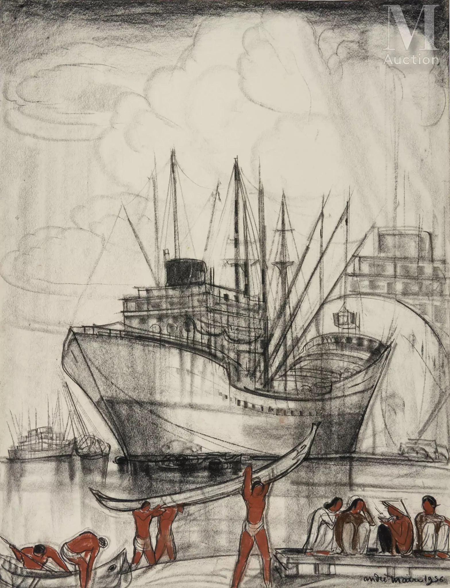 Artwork by André Maire, La modernité du port, Made of Charcoal and sanguine on paper