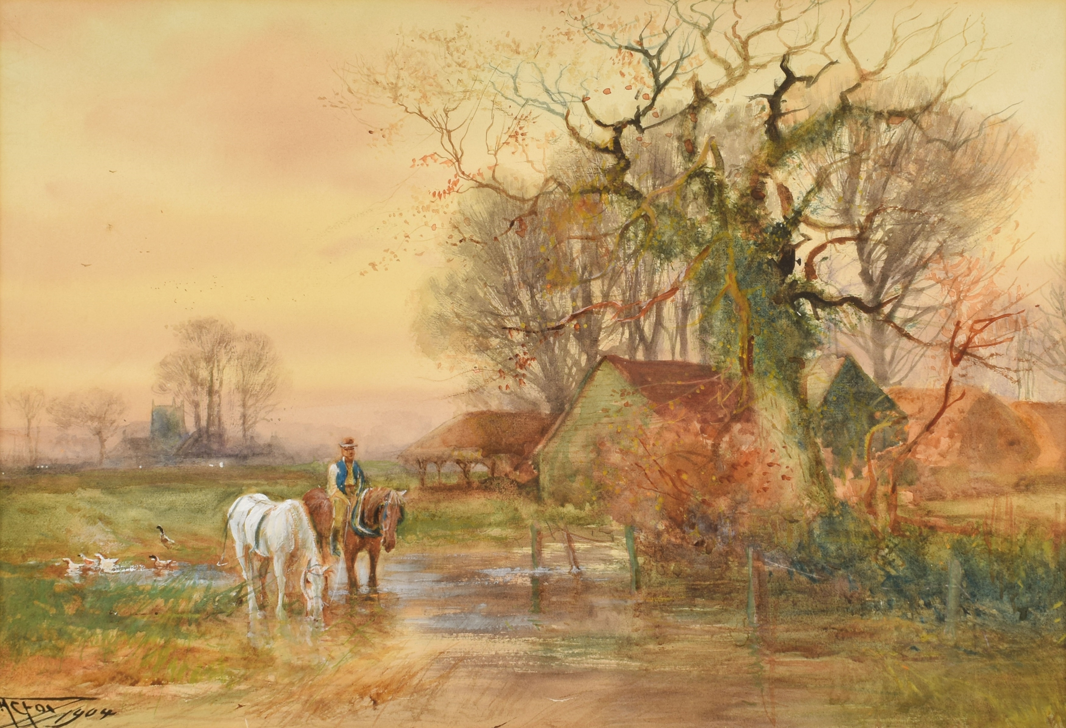 Henry Charles Fox | Rural scene with horses and rider (1904) | MutualArt