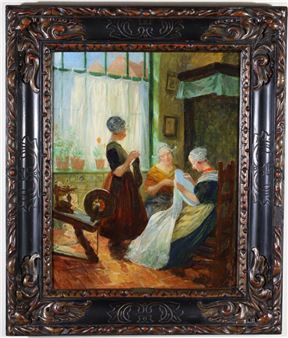 an interior with young women doing needlepoint - Karl Duxa