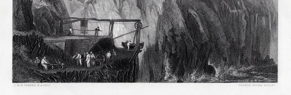 Artwork by Joseph Mallord William Turner, Rocky Coastal Scene with Ship, Made of Antique Engraving On Wove Paper