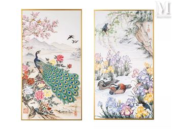 A pair of traditional Chinese-style paintings featuring a peacock and a duck in a garden setting.