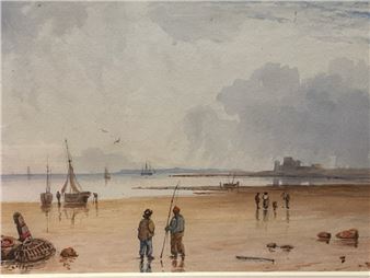 coastal view with figures on beach and distant castle - Frédéric Bourgeois de Mercey