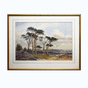 A framed landscape painting of coastal dunes with purple heather and tall trees under a cloudy sky.