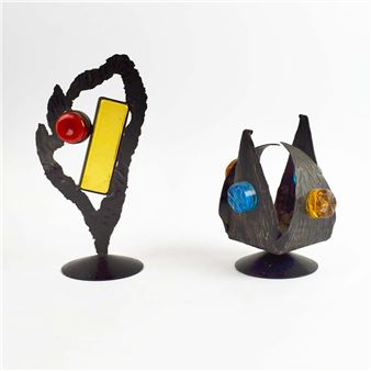 TWO 1960s SCANDINAVIAN FORGED METAL AND COLOURED GLASS SCULPTURES - Gunnar Ander