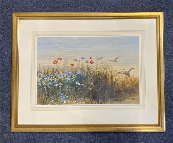 bank of wildflowers beside a river with three ducks - Andrew Nicholl