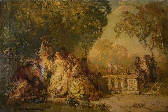 A group of figures in a sun-dappled garden, rendered in loose brushstrokes.