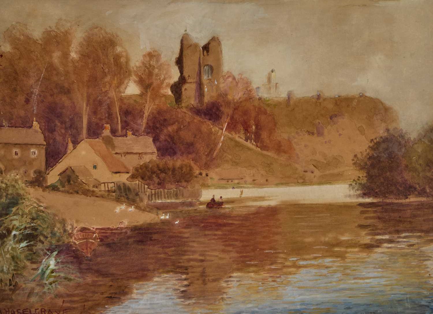 Artwork by Adelaide L. Haslegrave, KNARESBOROUGH CASTLE FROM THE RIVER NIDD, Made of Watercolour