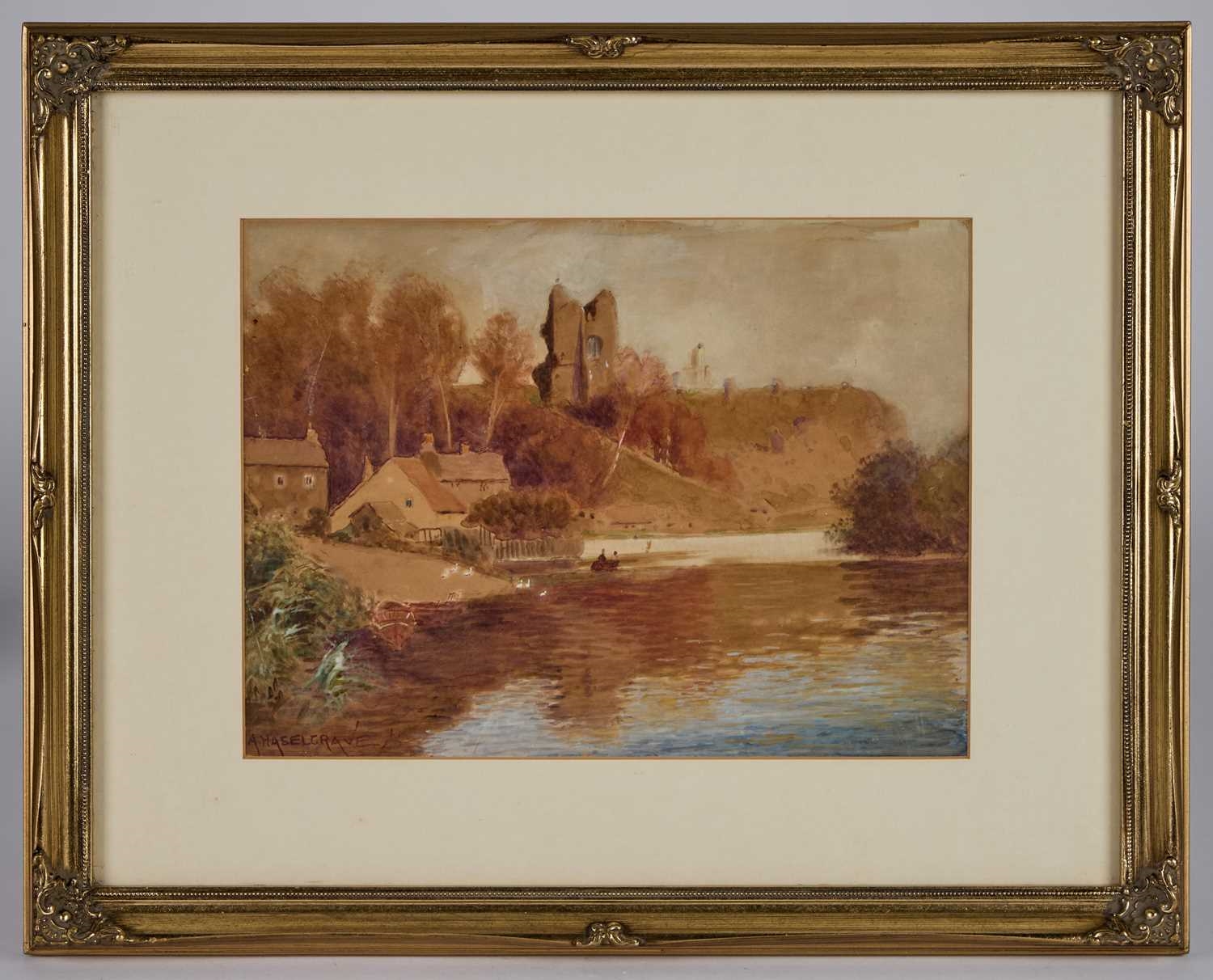 Artwork by Adelaide L. Haslegrave, KNARESBOROUGH CASTLE FROM THE RIVER NIDD, Made of Watercolour