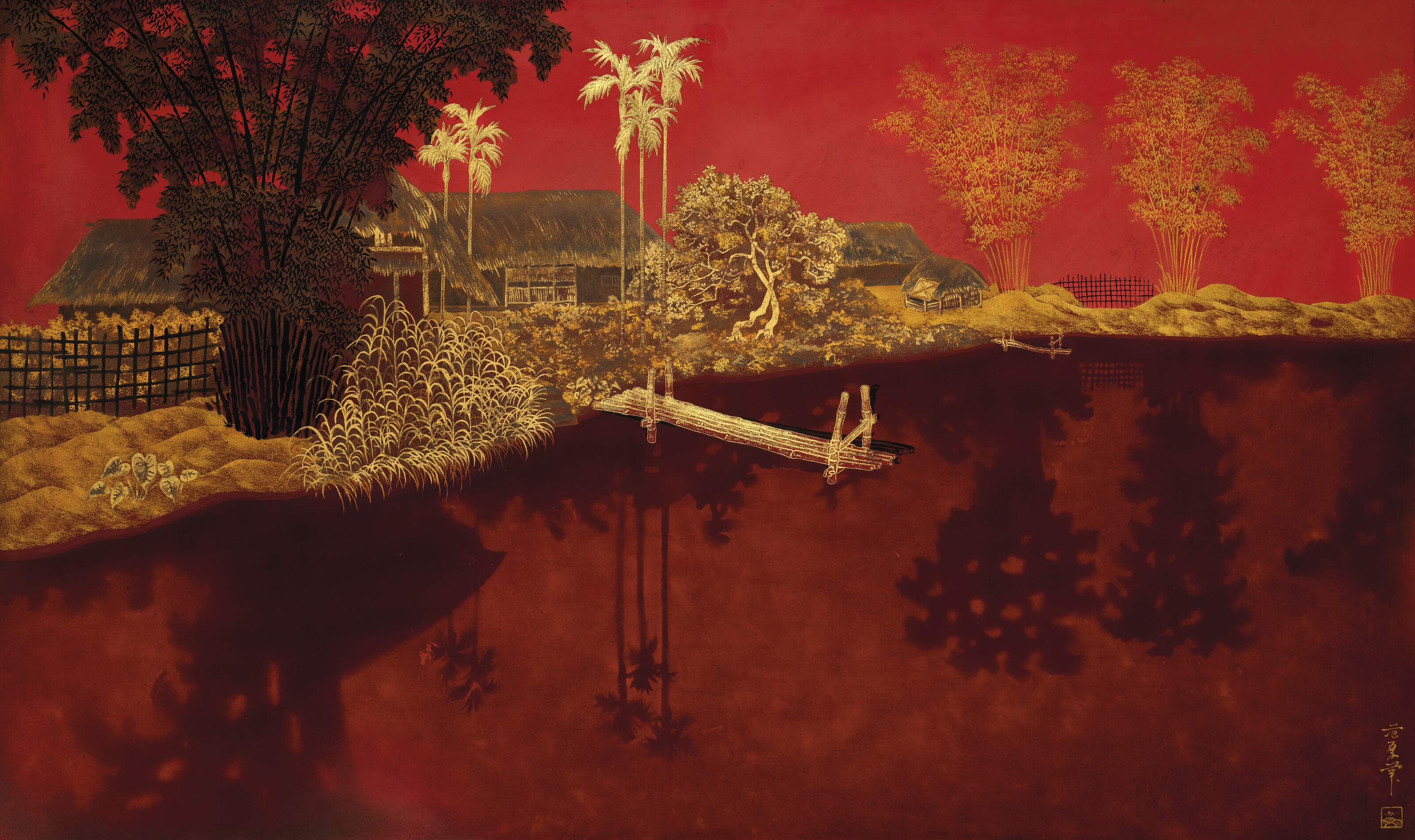 Artwork by Pham Hau, Le village au bord de l’eau (Village by the Lake, Made of lacquer on panel