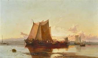 Fishing boats in a harbour at sunset - James Webb