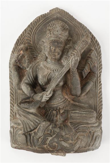 Carved Grey Stone Figure of Saraswati by Nepalese School