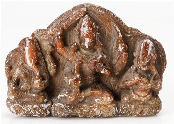 Antique Nepalese Carved Stone Triad Relief of Manjushri, Mahakal and Ganesha by Nepalese School