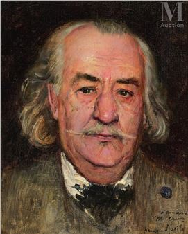 A formal portrait of an older man with a mustache, rendered in loose brushstrokes against a dark background.