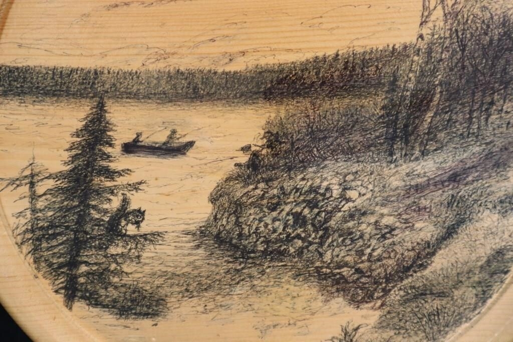 Artwork by Harold Cromwell, Nova Scotia folk art icon original ink drawing on wooden plaque, Made of Ink Drawing On Wooden Plaque