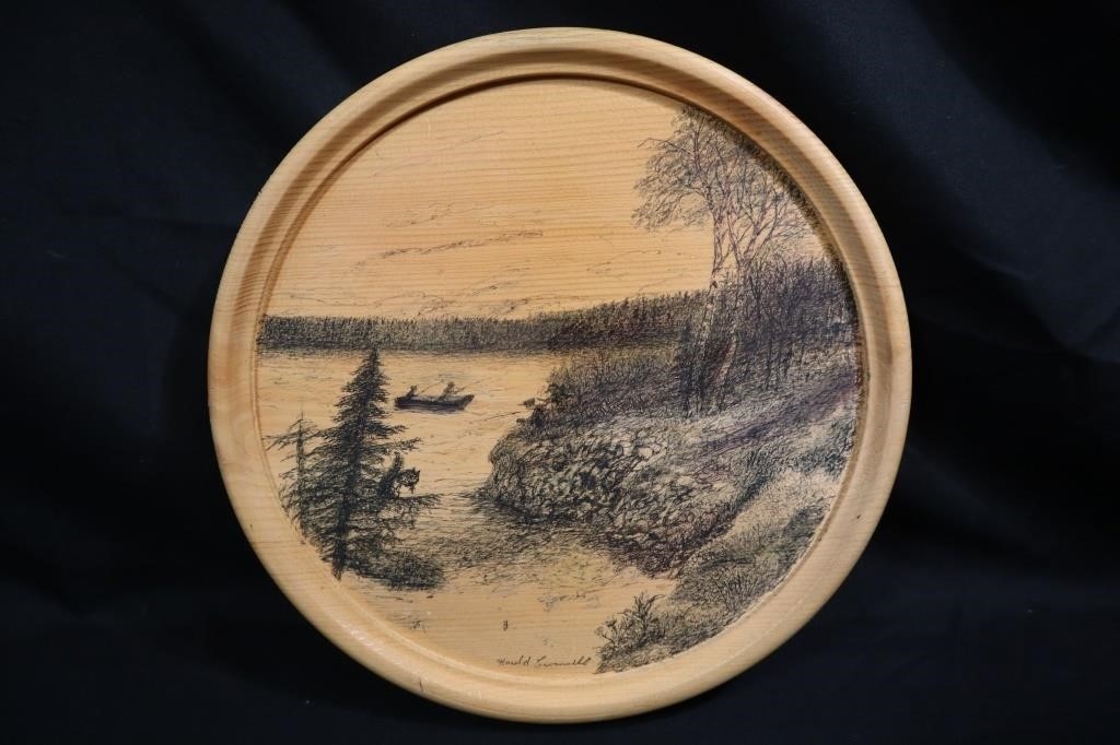 Artwork by Harold Cromwell, Nova Scotia folk art icon original ink drawing on wooden plaque, Made of Ink Drawing On Wooden Plaque