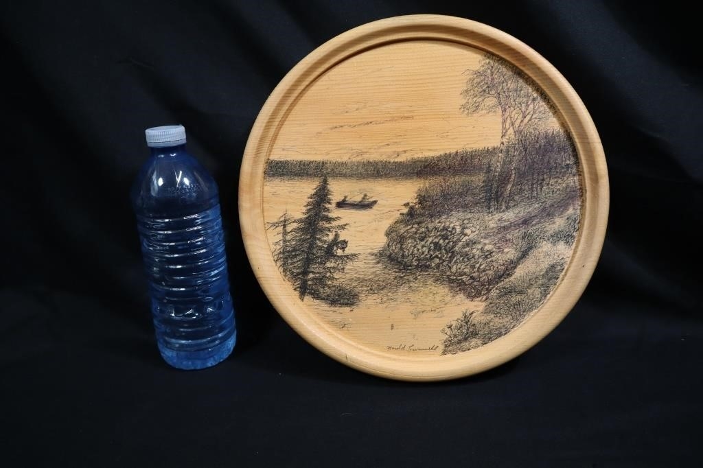 Artwork by Harold Cromwell, Nova Scotia folk art icon original ink drawing on wooden plaque, Made of Ink Drawing On Wooden Plaque