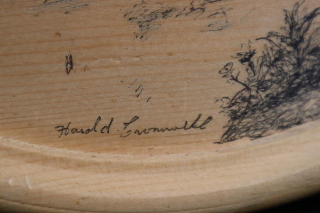 Artwork by Harold Cromwell, Nova Scotia folk art icon original ink drawing on wooden plaque, Made of Ink Drawing On Wooden Plaque