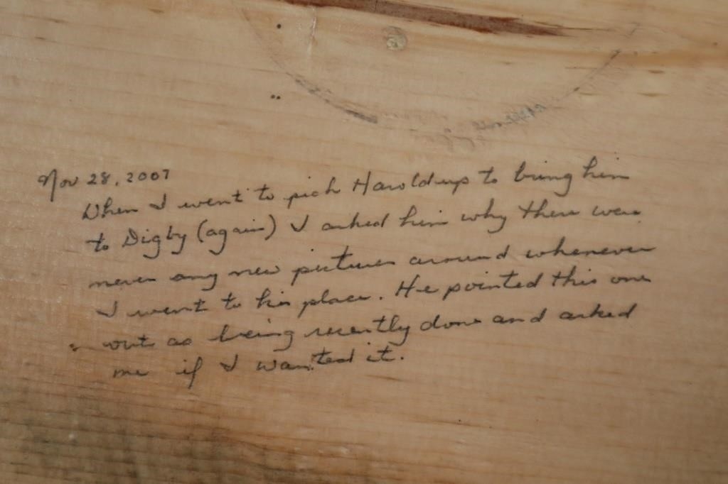 Artwork by Harold Cromwell, Nova Scotia folk art icon original ink drawing on wooden plaque, Made of Ink Drawing On Wooden Plaque