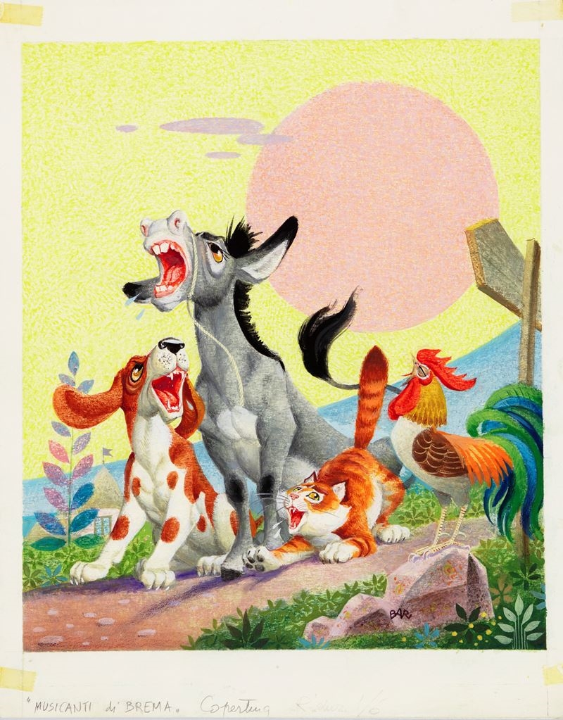 Artwork by Severino Baraldi, Town Musicians of Bremen, Made of Pastels, Tempera On Thin Cardboard