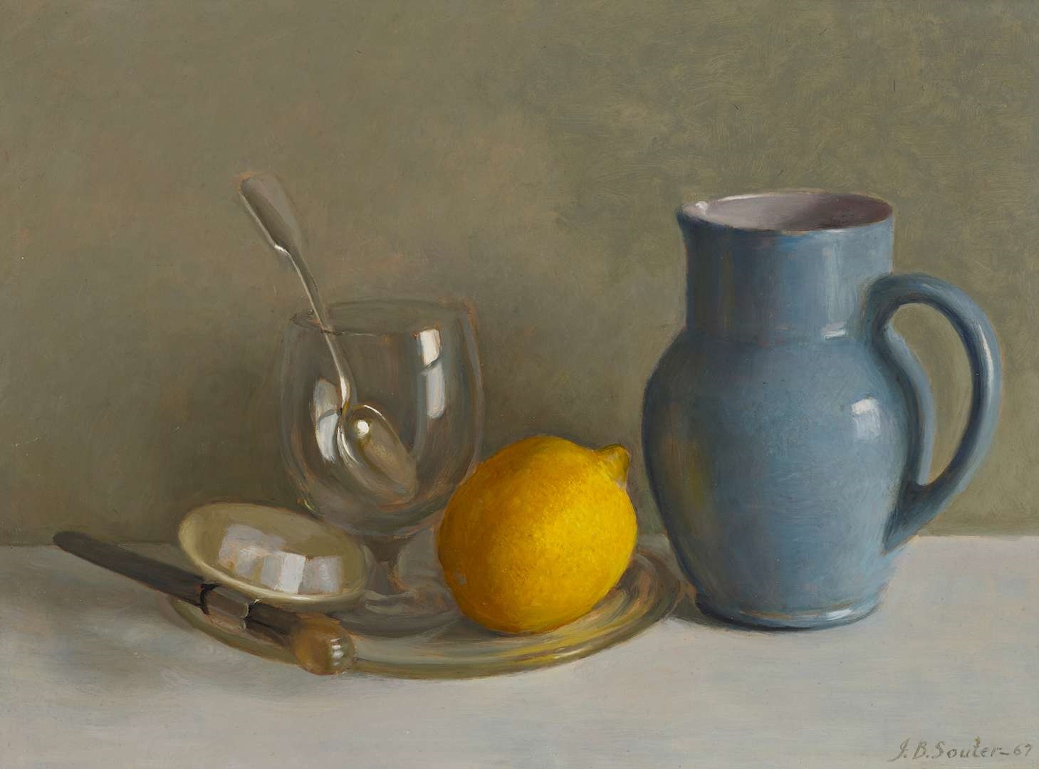 Artwork by John Bulloch Souter, BLUE JUG WITH LEMON, Made of Oil On Board