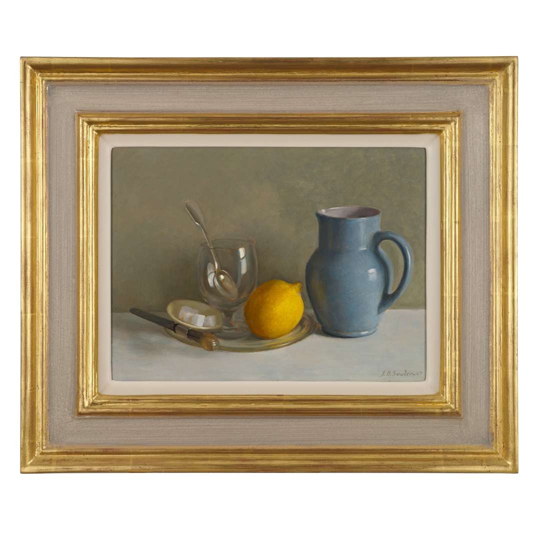 Artwork by John Bulloch Souter, BLUE JUG WITH LEMON, Made of Oil On Board