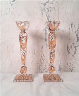 Pair of sheathed glass candlesticks with painted autumn leaves and gold highlights - Joy de Rohan Chabot