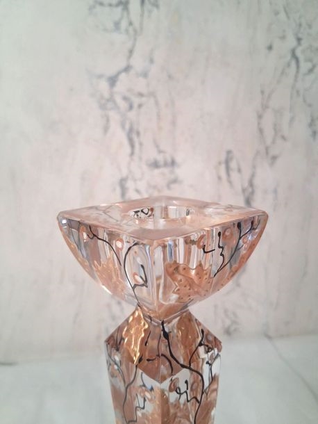 Artwork by Joy de Rohan Chabot, Pair of sheathed glass candlesticks with painted autumn leaves and gold highlights, Made of Glass