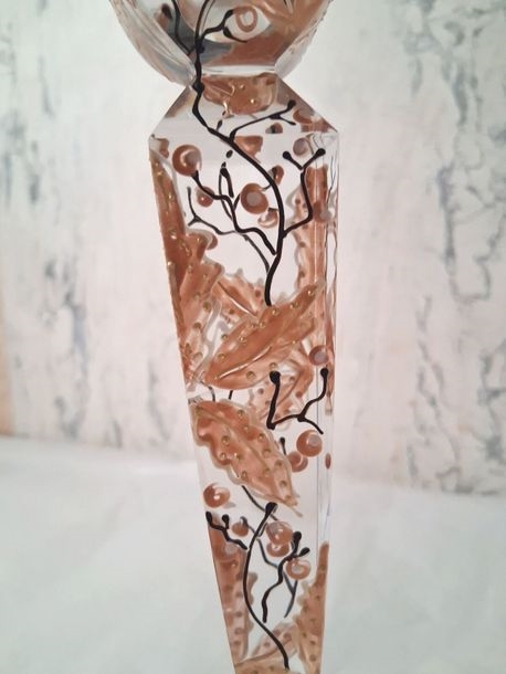 Artwork by Joy de Rohan Chabot, Pair of sheathed glass candlesticks with painted autumn leaves and gold highlights, Made of Glass