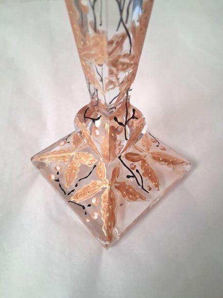 Artwork by Joy de Rohan Chabot, Pair of sheathed glass candlesticks with painted autumn leaves and gold highlights, Made of Glass