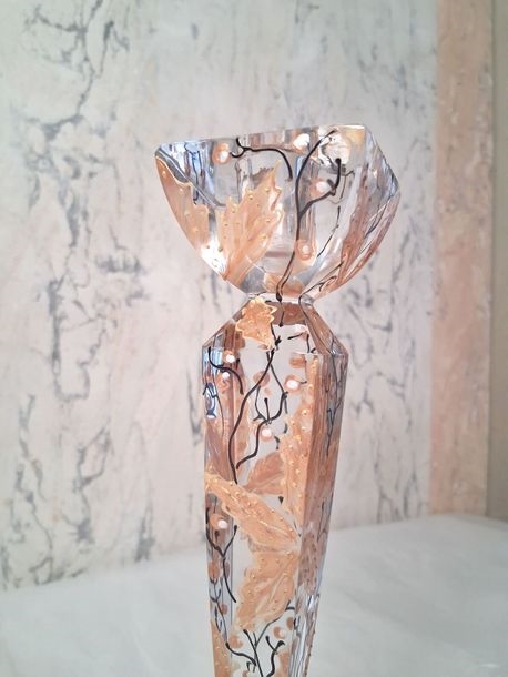 Artwork by Joy de Rohan Chabot, Pair of sheathed glass candlesticks with painted autumn leaves and gold highlights, Made of Glass