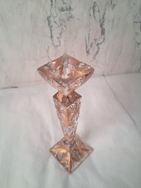 Artwork by Joy de Rohan Chabot, Pair of sheathed glass candlesticks with painted autumn leaves and gold highlights, Made of Glass