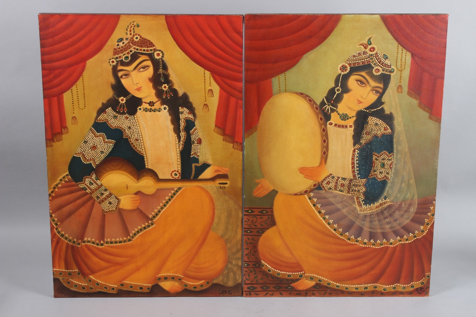Artwork by Persian School, TWO FINE PERSIAN QAJAR STYLE OIL PAINTINGS ON CANVAS, Made of Oil On Canvas