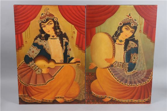 TWO FINE PERSIAN QAJAR STYLE OIL PAINTINGS ON CANVAS by Persian School