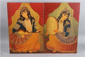 TWO FINE PERSIAN QAJAR STYLE OIL PAINTINGS ON CANVAS - Persian School