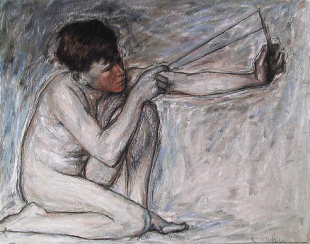 Artwork by Rod Judkins, Young Man with Slingshot, Made of Pastel On Paper