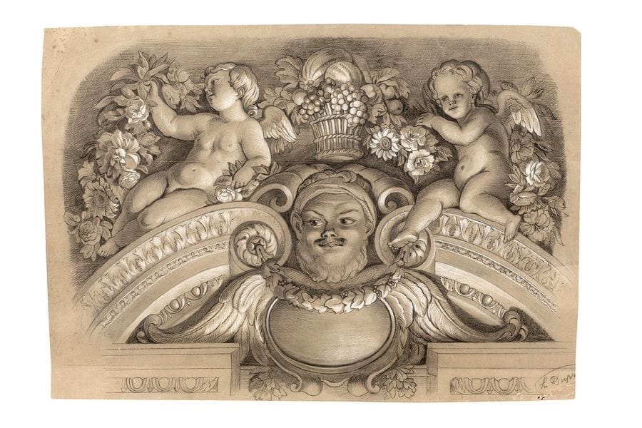 Artwork by Louis Dupré, Architectural pediment with putti, Made of Black Stone And White Chalk