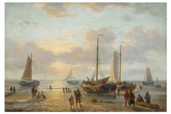 The return of the fishermen at sunset - Georg Willem Opdenhoff