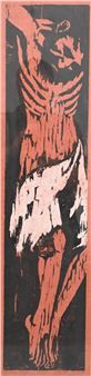 A vertical woodcut print of a skeletal figure in red against a black background.
