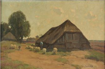 shepherd and his flock on a country path by farm buildings - Willem Frederik Noordijk