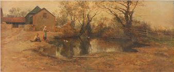 figures feeding ducks around a village pond - Linnie Watt