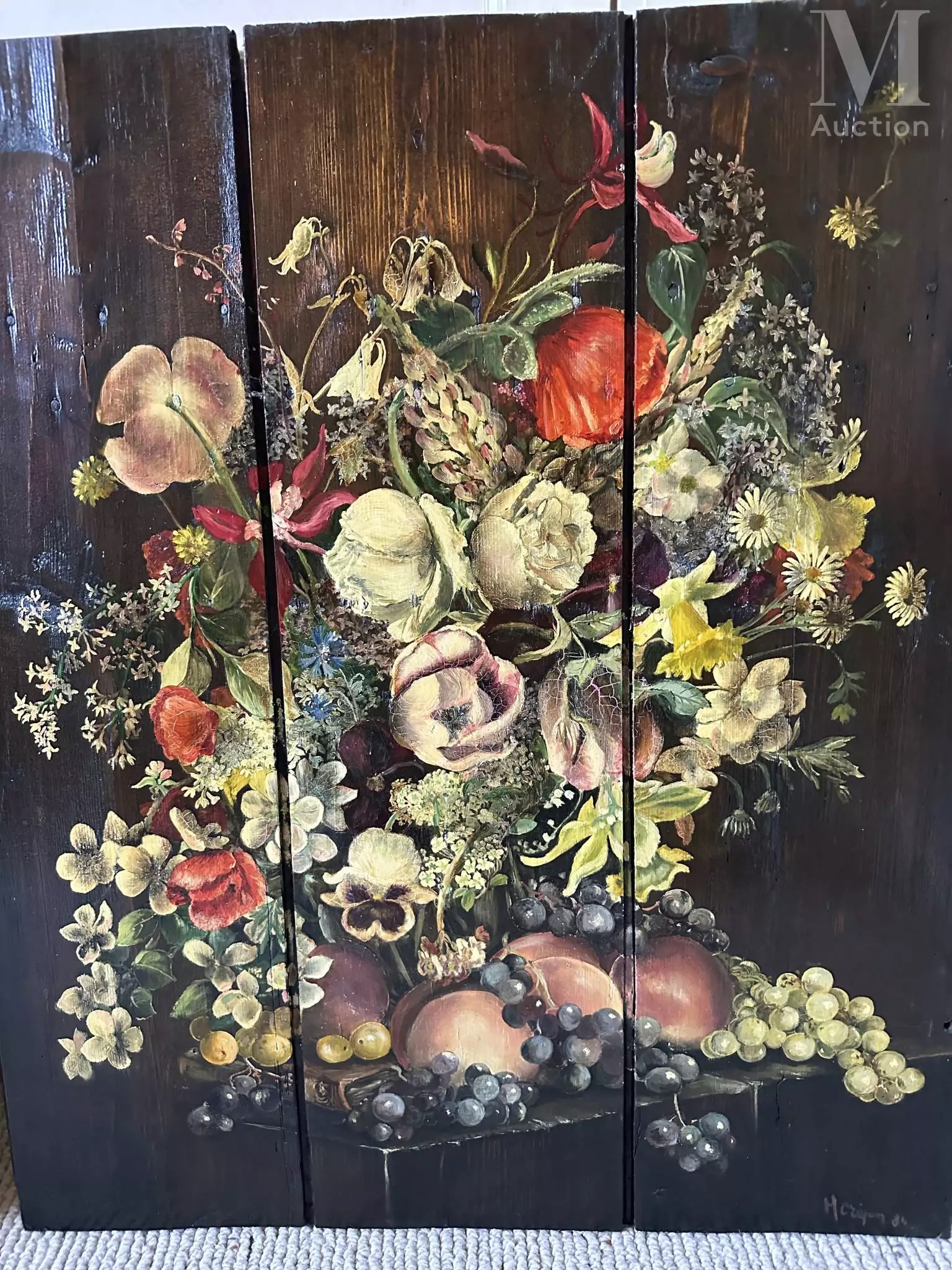 Artwork by Micheline Crepin, Entablement aux fleurs et aux fruits, Made of Huile Sur Trois Planches De Parquet