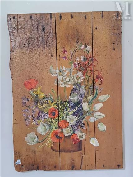 Deux peintures sur planche de vannage, représentant deux bouquets de fleurs