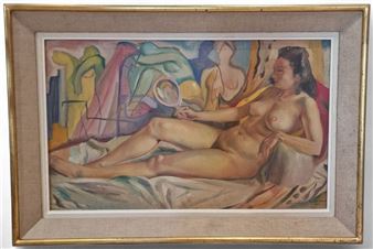 Reclining nude woman looking into a mirror - Reynold Arnould