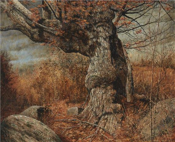 A weathered tree stands in a dry, autumnal landscape with a muted color palette.