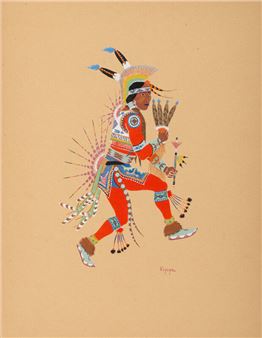 A stylized illustration of a figure in vibrant regalia, captured mid-stride against a neutral background.