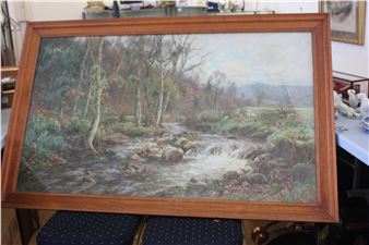 Wooded landscape, with sheep and fast-flowing river, possibly Conway, North Wales - Tom