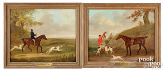 A pair of framed hunting scenes depicting riders and dogs in a pastoral landscape.